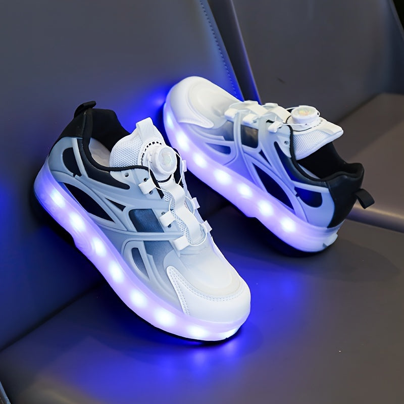 GUANGLAN Girls Fashion Vintage Preppy Sports Low Top Round Toe Roller Shoes, Flash LED Light Up, Rotating Buckle, Comfy Detachable Wheel, TPR Sole, Lithium Polymer Battery, Fabric Upper & Inner Material, for Boys, Girls, Casu