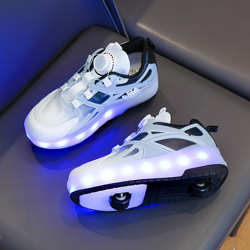 GUANGLAN Girls Fashion Vintage Preppy Sports Low Top Round Toe Roller Shoes, Flash LED Light Up, Rotating Buckle, Comfy Detachable Wheel, TPR Sole, Lithium Polymer Battery, Fabric Upper & Inner Material, for Boys, Girls, Casu