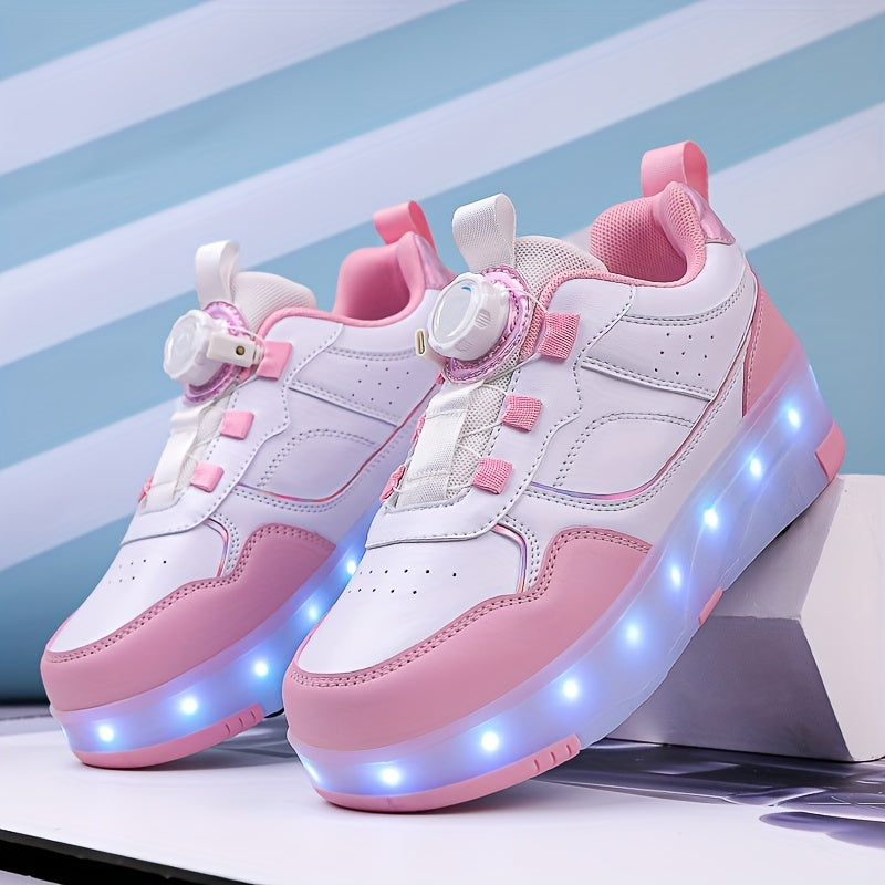 Girls' LED Roller Shoes with Retractable Wheels, Fashion Trendy Sports Skating Sneakers, All-Season Solid Color with Adjustable Brightness, Rotary Buckle Closure, PU Upper & Fabric Insole, TPR Sole - Lithium Polymer Battery,