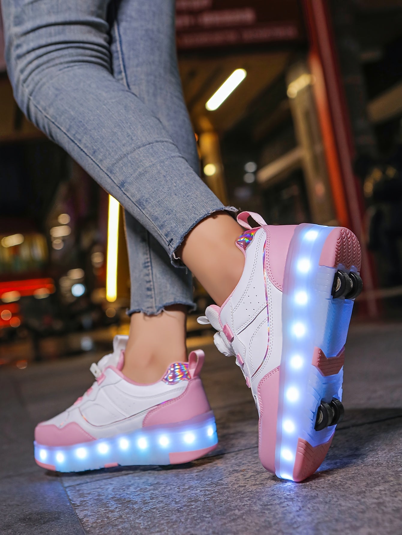 Girls' LED Roller Shoes with Retractable Wheels, Fashion Trendy Sports Skating Sneakers, All-Season Solid Color with Adjustable Brightness, Rotary Buckle Closure, PU Upper & Fabric Insole, TPR Sole - Lithium Polymer Battery,