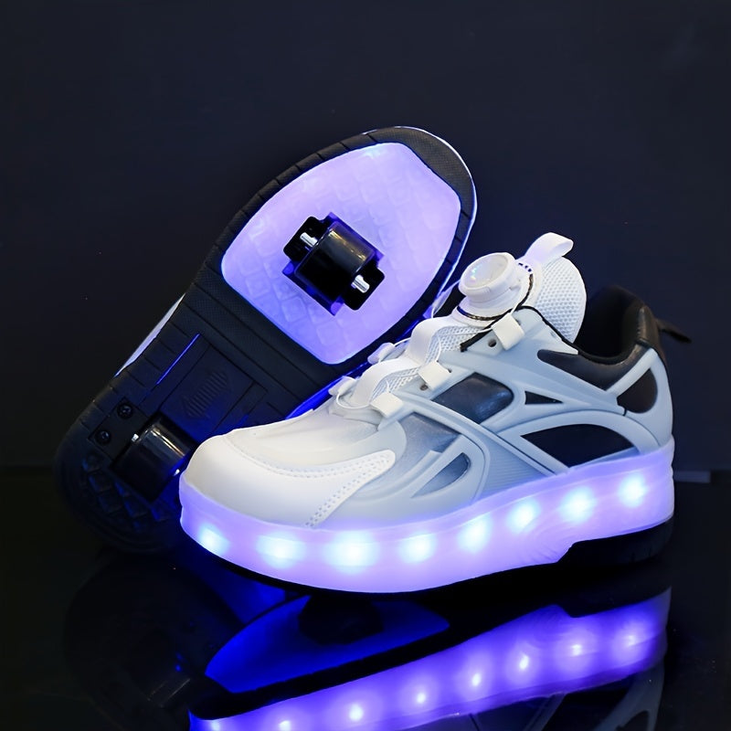 GUANGLAN Girls Fashion Vintage Preppy Sports Low Top Round Toe Roller Shoes, Flash LED Light Up, Rotating Buckle, Comfy Detachable Wheel, TPR Sole, Lithium Polymer Battery, Fabric Upper & Inner Material, for Boys, Girls, Casu