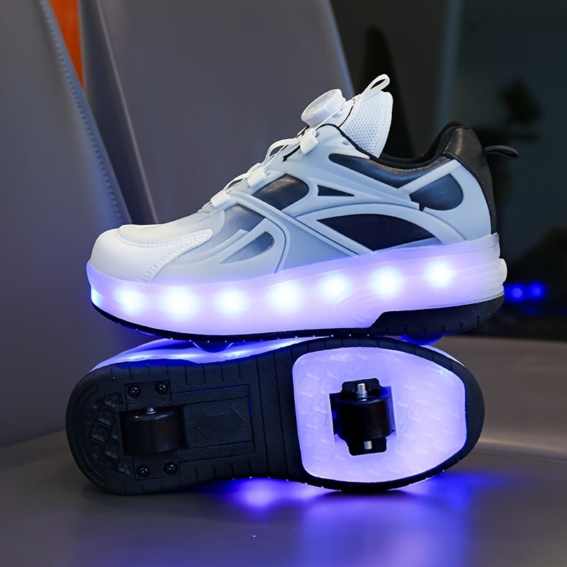 GUANGLAN Girls Fashion Vintage Preppy Sports Low Top Round Toe Roller Shoes, Flash LED Light Up, Rotating Buckle, Comfy Detachable Wheel, TPR Sole, Lithium Polymer Battery, Fabric Upper & Inner Material, for Boys, Girls, Casu