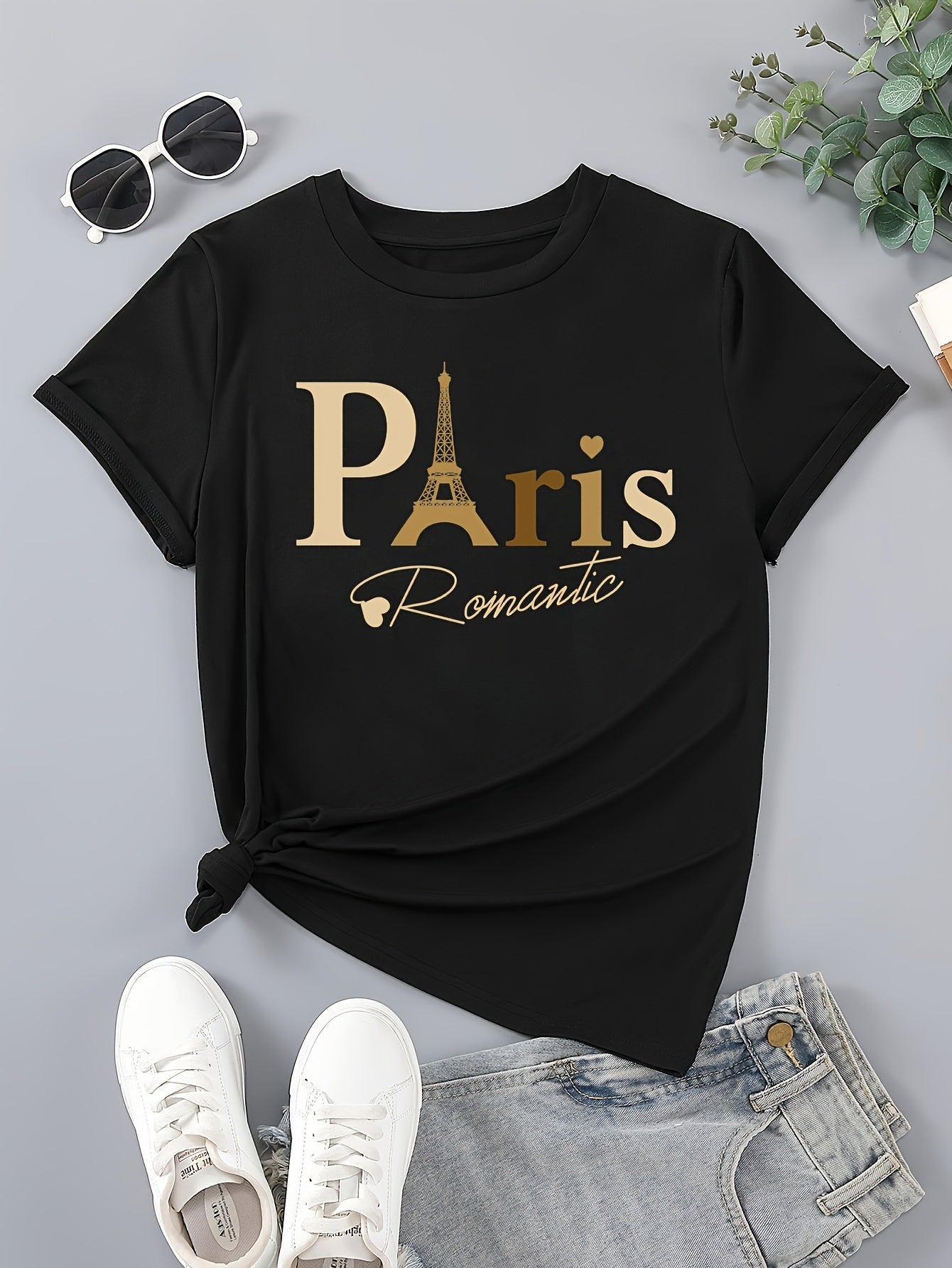 Paris Print Crew Neck T-shirt, Casual Short Sleeve Top For Spring & Summer, Women's Clothing