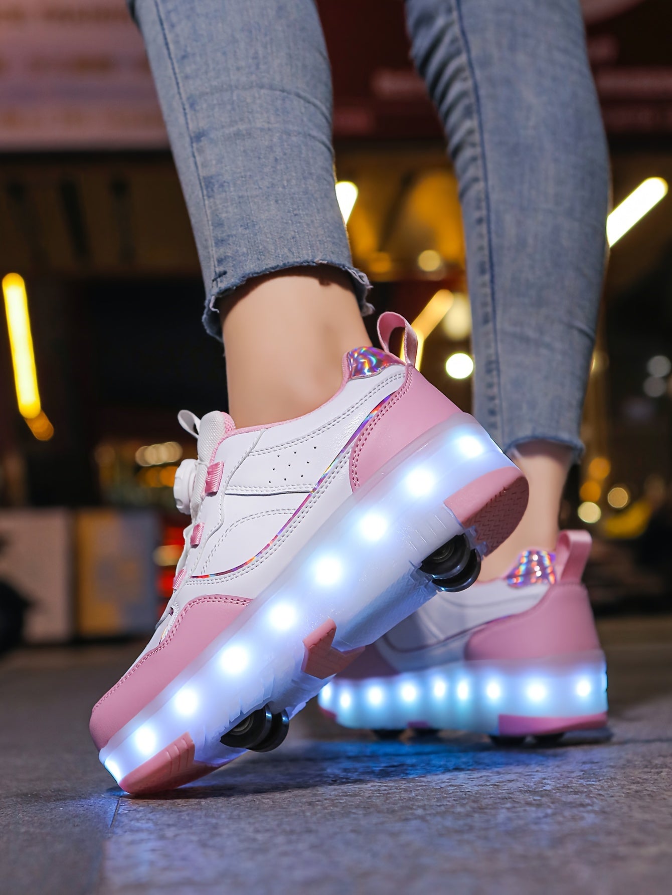 Girls' LED Roller Shoes with Retractable Wheels, Fashion Trendy Sports Skating Sneakers, All-Season Solid Color with Adjustable Brightness, Rotary Buckle Closure, PU Upper & Fabric Insole, TPR Sole - Lithium Polymer Battery,