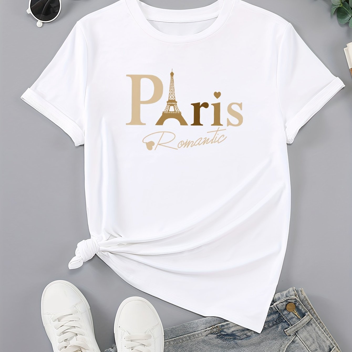 Paris Print Crew Neck T-shirt, Casual Short Sleeve Top For Spring & Summer, Women's Clothing