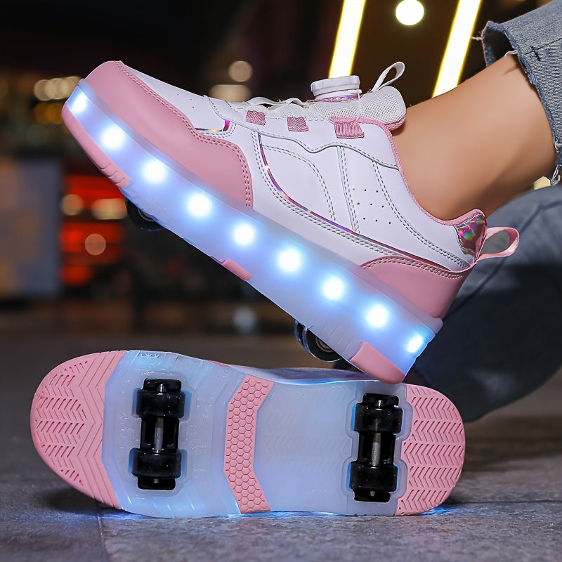 Girls' LED Roller Shoes with Retractable Wheels, Fashion Trendy Sports Skating Sneakers, All-Season Solid Color with Adjustable Brightness, Rotary Buckle Closure, PU Upper & Fabric Insole, TPR Sole - Lithium Polymer Battery,