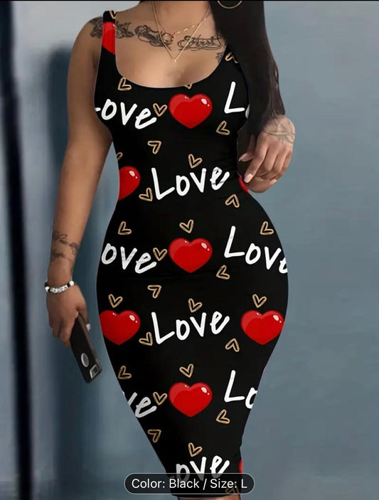 Heart & Letter Print Tank Dress, Casual