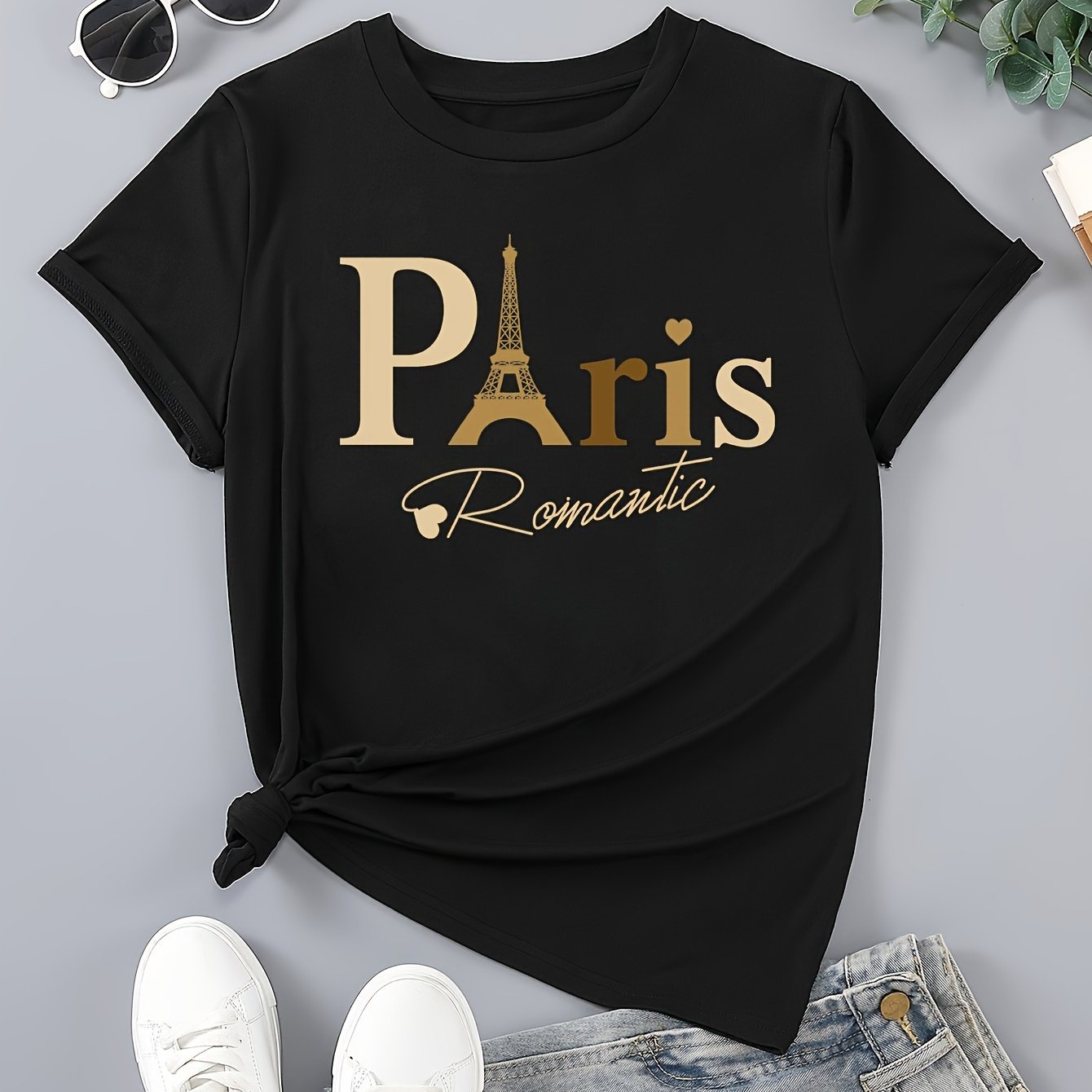 Paris Print Crew Neck T-shirt, Casual Short Sleeve Top For Spring & Summer, Women's Clothing