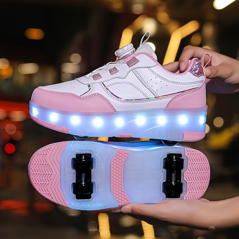 Girls' LED Roller Shoes with Retractable Wheels, Fashion Trendy Sports Skating Sneakers, All-Season Solid Color with Adjustable Brightness, Rotary Buckle Closure, PU Upper & Fabric Insole, TPR Sole - Lithium Polymer Battery,