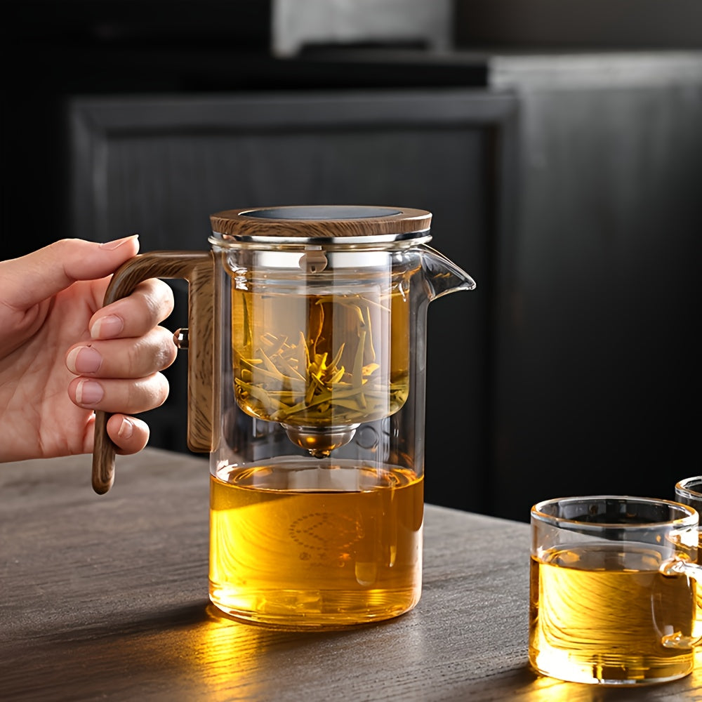 1pc Clear Glass Teapot with Wooden Handle, Magnetic Infuser Strainer, Dual Infusers, Press Control, Water Separation, No Pattern, for Loose Leaf Tea Brewing