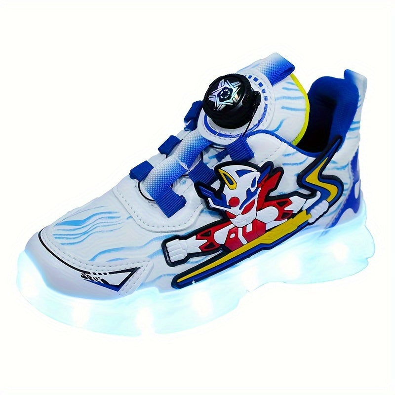 GUANGLAN Boys Trendy Cool Cartoon Sneakers With Rotating Button & USB Charging LED Light, Wear-resistant Non-slip Skateboard Shoes For All Seasons