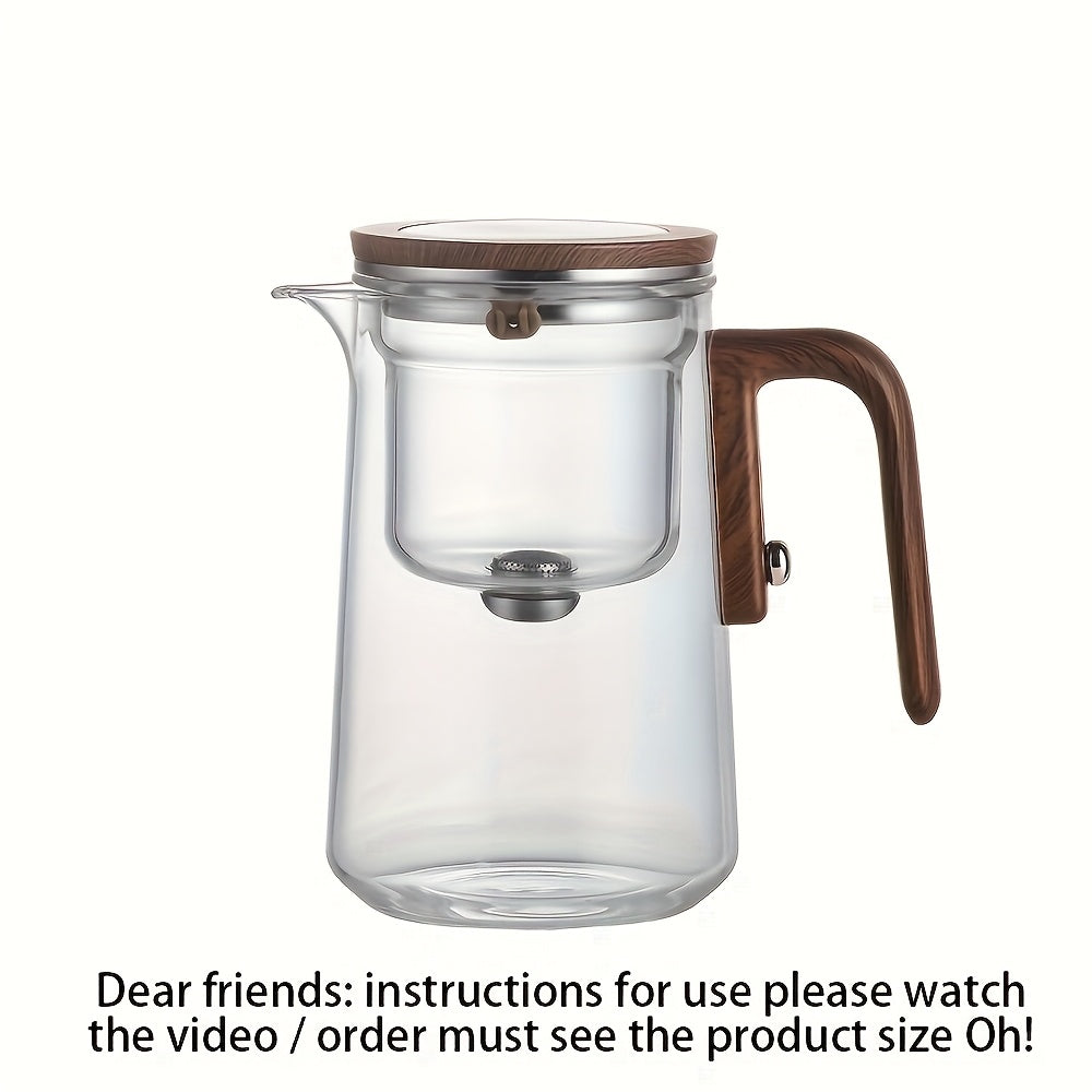 1pc Clear Glass Teapot with Wooden Handle, Magnetic Infuser Strainer, Dual Infusers, Press Control, Water Separation, No Pattern, for Loose Leaf Tea Brewing