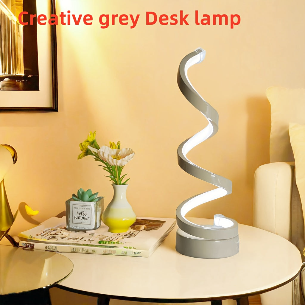 Spiral LED Table Lamp, Dimmable Gooseneck Metal Desk Light with Push Button Control, USB Powered, Adjustable Lighting, Polished Finish, for Office, Bedroom, Living Room - Gift Idea