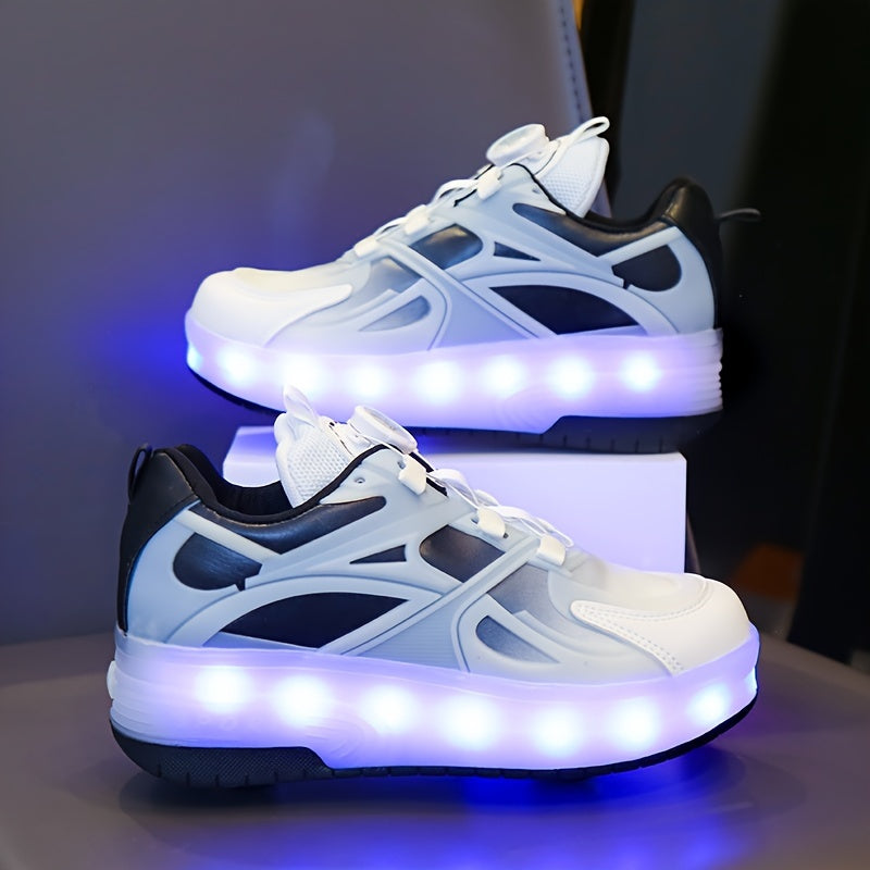 GUANGLAN Girls Fashion Vintage Preppy Sports Low Top Round Toe Roller Shoes, Flash LED Light Up, Rotating Buckle, Comfy Detachable Wheel, TPR Sole, Lithium Polymer Battery, Fabric Upper & Inner Material, for Boys, Girls, Casu