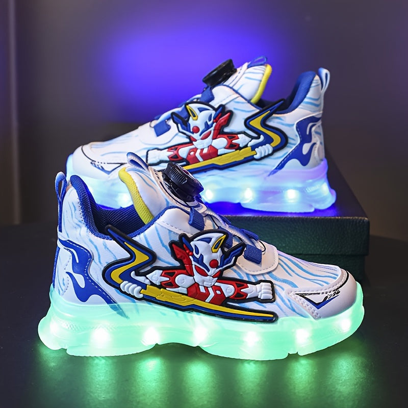 GUANGLAN Boys Trendy Cool Cartoon Sneakers With Rotating Button & USB Charging LED Light, Wear-resistant Non-slip Skateboard Shoes For All Seasons