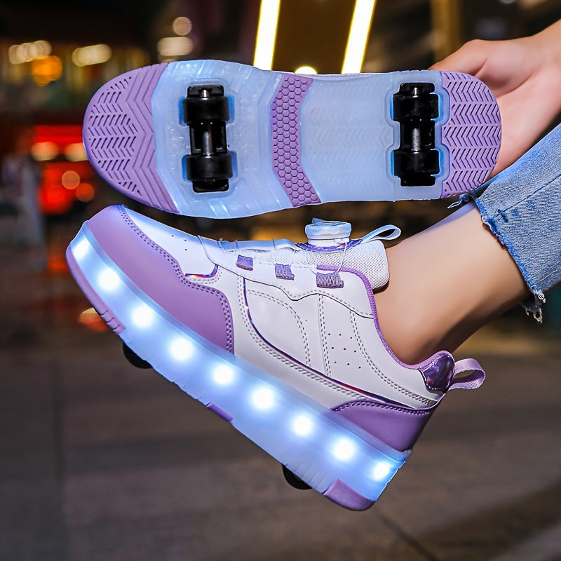 Girls' LED Roller Shoes with Retractable Wheels, Fashion Trendy Sports Skating Sneakers, All-Season Solid Color with Adjustable Brightness, Rotary Buckle Closure, PU Upper & Fabric Insole, TPR Sole - Lithium Polymer Battery,