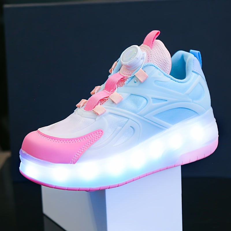 GUANGLAN Girls Fashion Vintage Preppy Sports Low Top Round Toe Roller Shoes, Flash LED Light Up, Rotating Buckle, Comfy Detachable Wheel, TPR Sole, Lithium Polymer Battery, Fabric Upper & Inner Material, for Boys, Girls, Casu