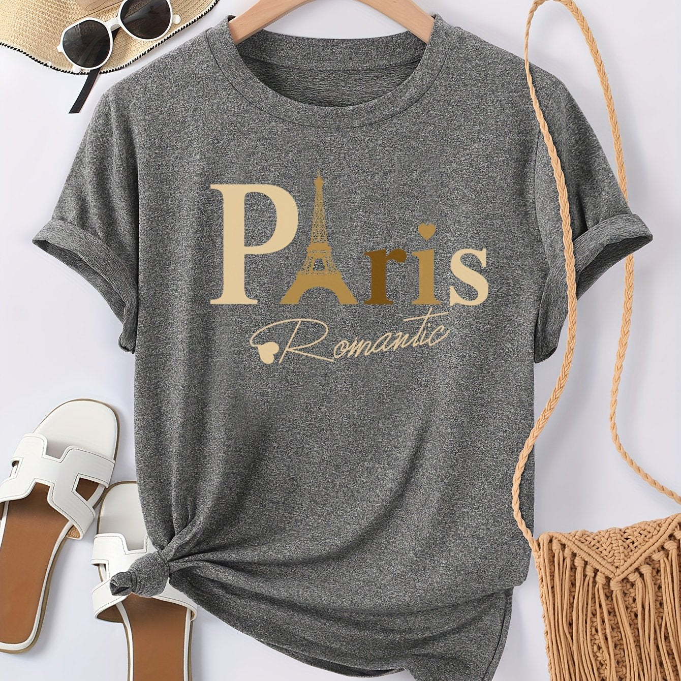 Paris Print Crew Neck T-shirt, Casual Short Sleeve Top For Spring & Summer, Women's Clothing