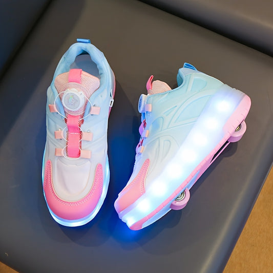 GUANGLAN Girls Fashion Vintage Preppy Sports Low Top Round Toe Roller Shoes, Flash LED Light Up, Rotating Buckle, Comfy Detachable Wheel, TPR Sole, Lithium Polymer Battery, Fabric Upper & Inner Material, for Boys, Girls, Casu