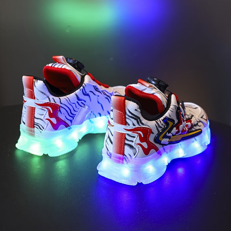 GUANGLAN Boys Trendy Cool Cartoon Sneakers With Rotating Button & USB Charging LED Light, Wear-resistant Non-slip Skateboard Shoes For All Seasons