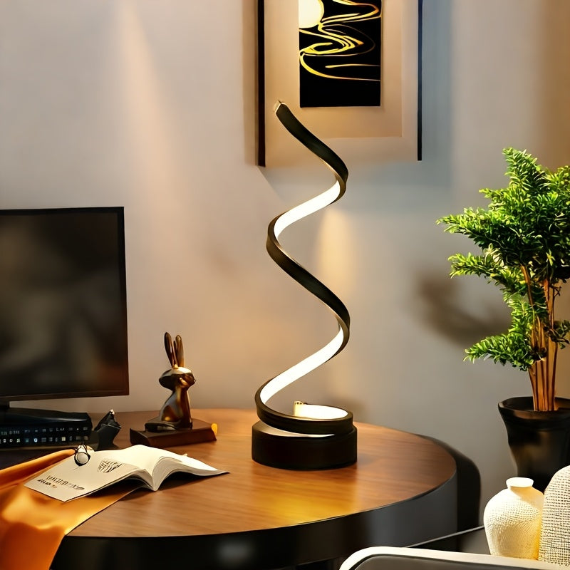 Spiral LED Table Lamp, Dimmable Gooseneck Metal Desk Light with Push Button Control, USB Powered, Adjustable Lighting, Polished Finish, for Office, Bedroom, Living Room - Gift Idea