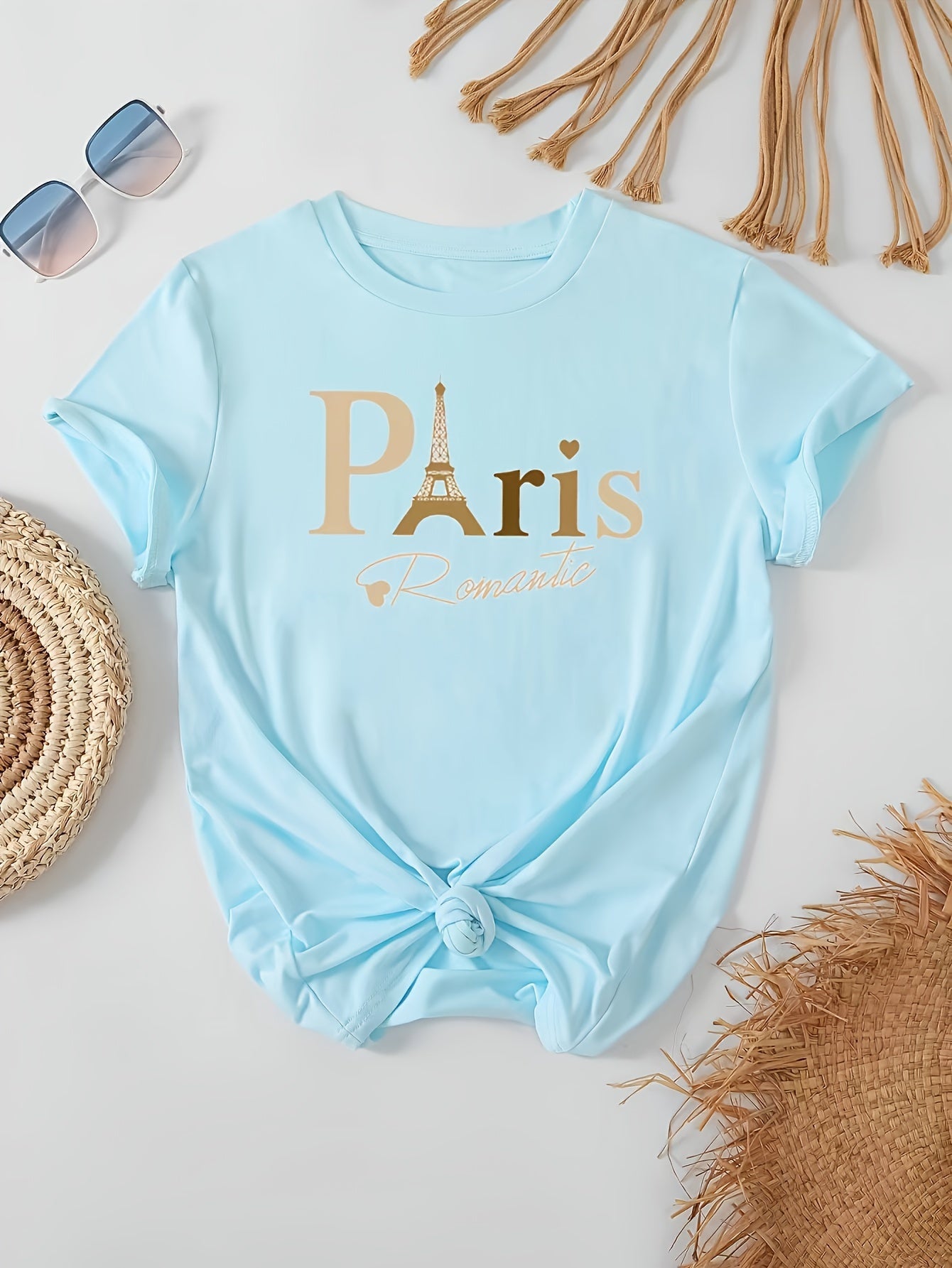 Paris Print Crew Neck T-shirt, Casual Short Sleeve Top For Spring & Summer, Women's Clothing