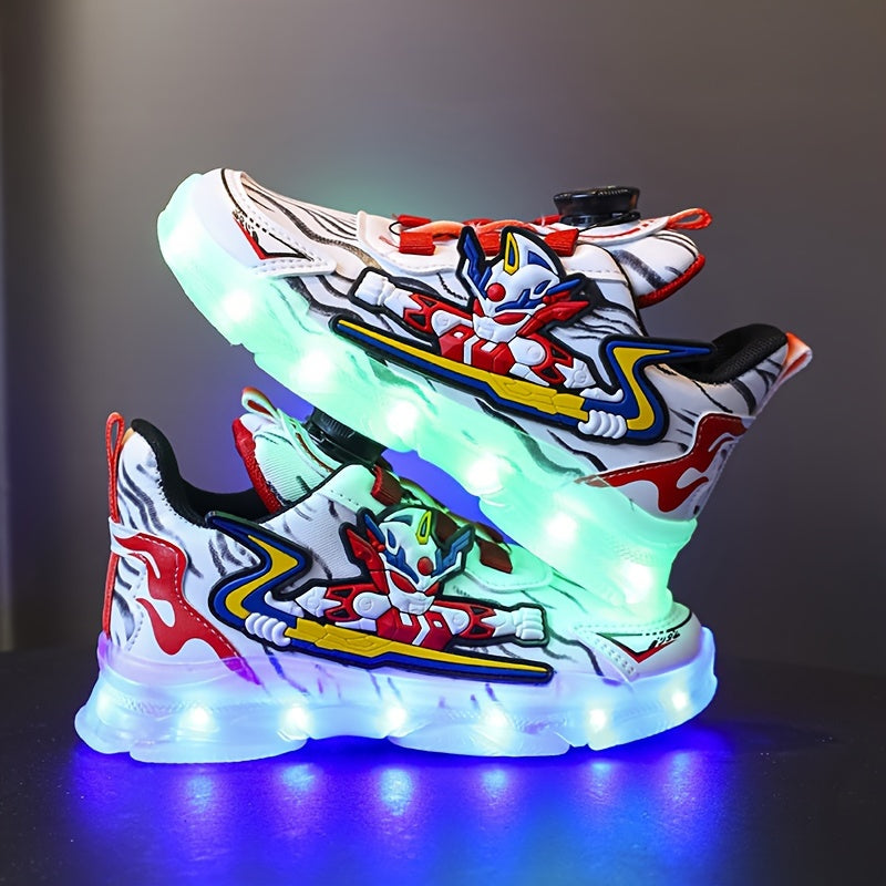 GUANGLAN Boys Trendy Cool Cartoon Sneakers With Rotating Button & USB Charging LED Light, Wear-resistant Non-slip Skateboard Shoes For All Seasons