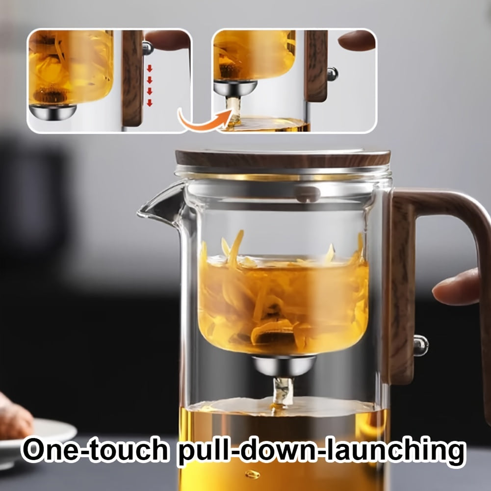 1pc Clear Glass Teapot with Wooden Handle, Magnetic Infuser Strainer, Dual Infusers, Press Control, Water Separation, No Pattern, for Loose Leaf Tea Brewing