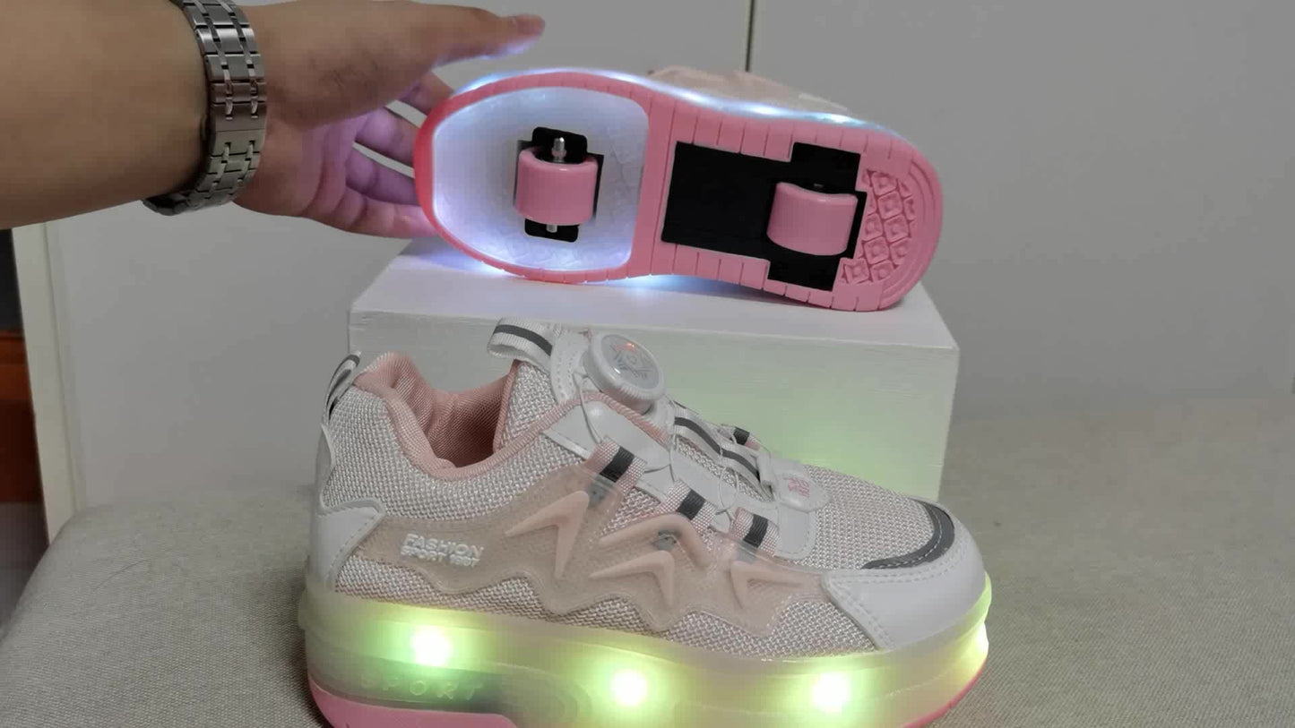 GUANGLAN Girls Fashion Vintage Preppy Sports Low Top Round Toe Roller Shoes, Flash LED Light Up, Rotating Buckle, Comfy Detachable Wheel, TPR Sole, Lithium Polymer Battery, Fabric Upper & Inner Material, for Boys, Girls, Casu