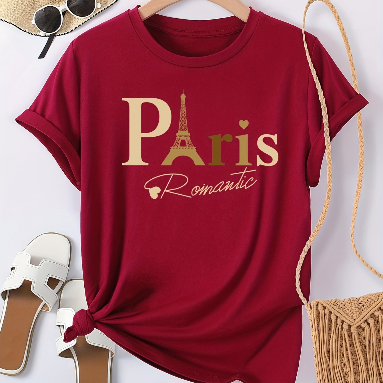 Paris Print Crew Neck T-shirt, Casual Short Sleeve Top For Spring & Summer, Women's Clothing