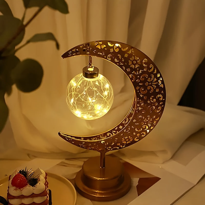 Ramadan Moon Star Iron Table Lamp - Battery-Operated Night Light for Festival and Bedroom Decor, Retro Style, Suitable for Ramadan and Valentine's Day