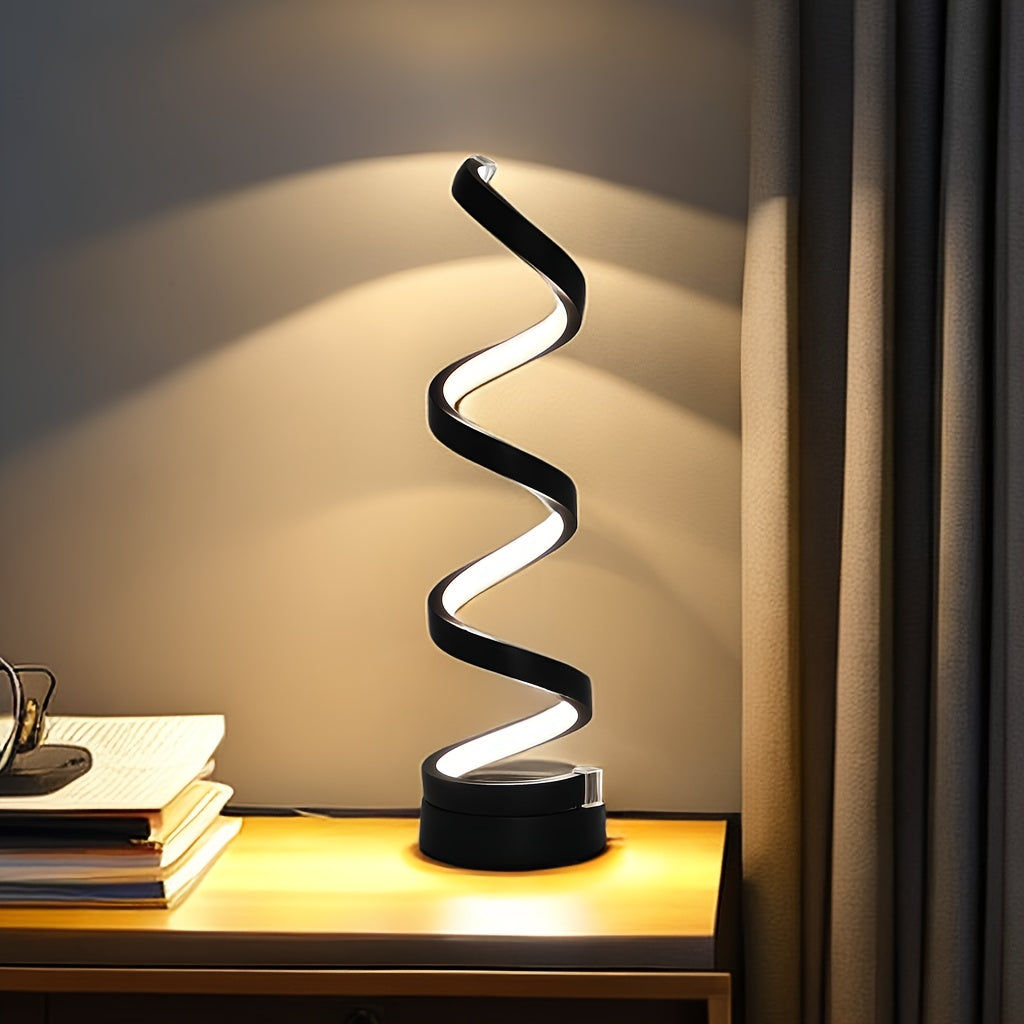 Spiral LED Table Lamp, Dimmable Gooseneck Metal Desk Light with Push Button Control, USB Powered, Adjustable Lighting, Polished Finish, for Office, Bedroom, Living Room - Gift Idea