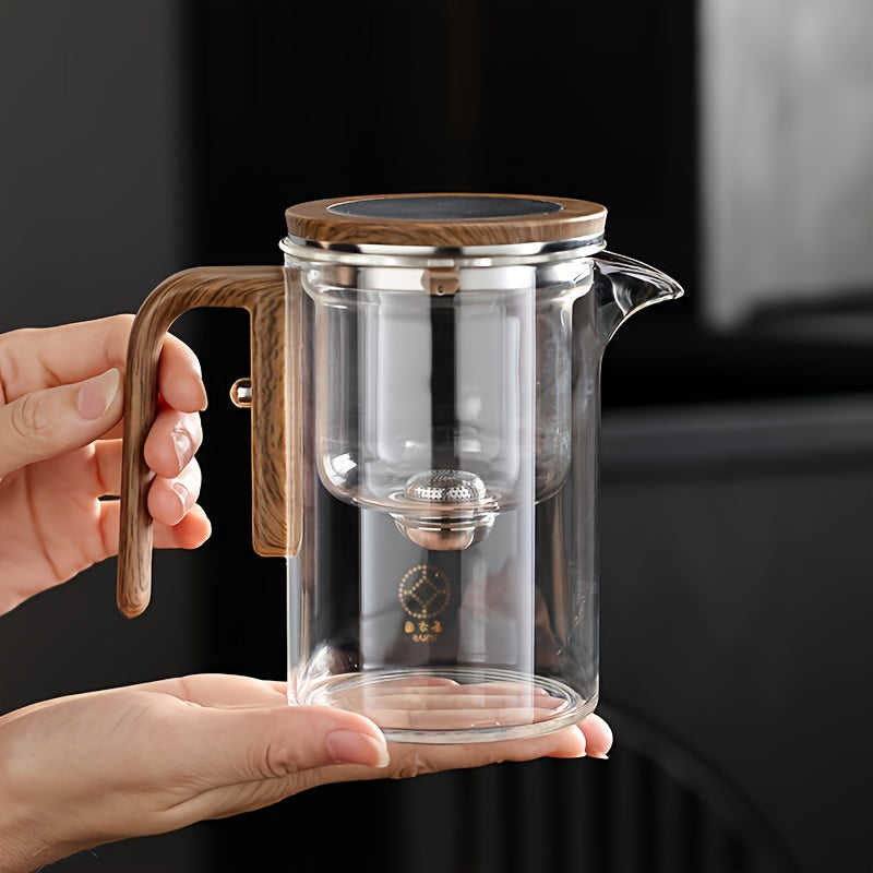 1pc Clear Glass Teapot with Wooden Handle, Magnetic Infuser Strainer, Dual Infusers, Press Control, Water Separation, No Pattern, for Loose Leaf Tea Brewing