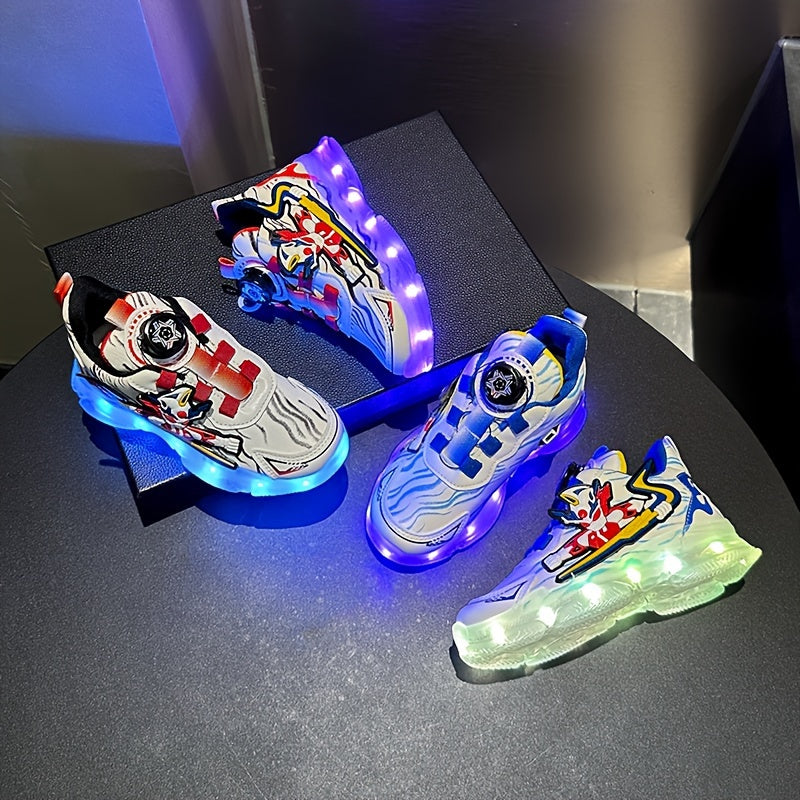 GUANGLAN Boys Trendy Cool Cartoon Sneakers With Rotating Button & USB Charging LED Light, Wear-resistant Non-slip Skateboard Shoes For All Seasons