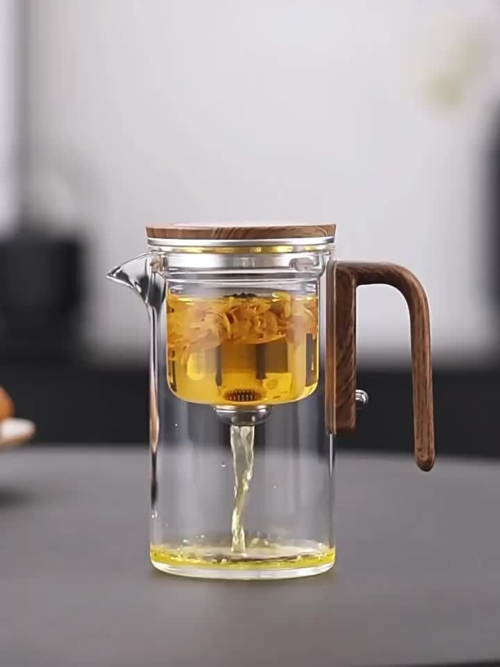 1pc Clear Glass Teapot with Wooden Handle, Magnetic Infuser Strainer, Dual Infusers, Press Control, Water Separation, No Pattern, for Loose Leaf Tea Brewing