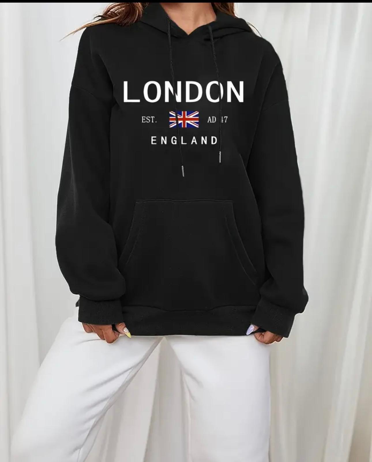 London Print Drawstring Hoodie,