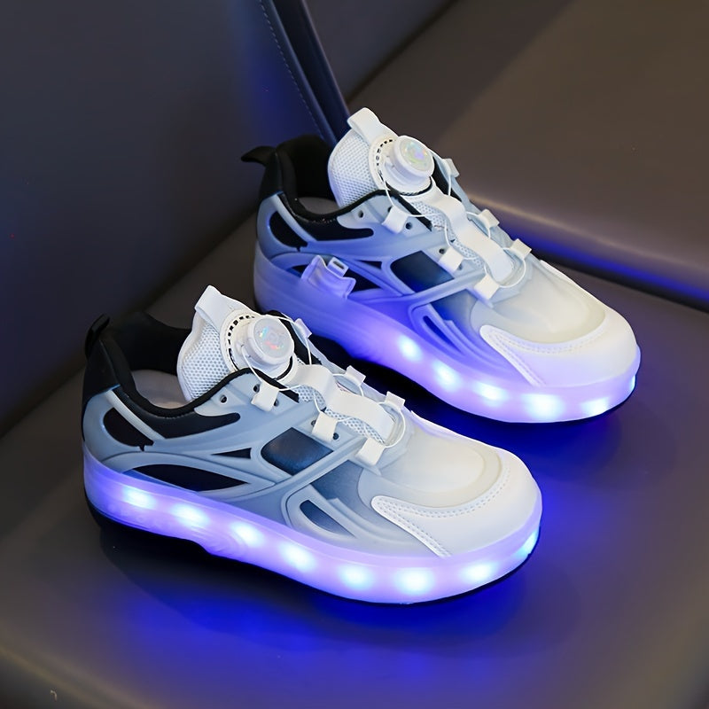 GUANGLAN Girls Fashion Vintage Preppy Sports Low Top Round Toe Roller Shoes, Flash LED Light Up, Rotating Buckle, Comfy Detachable Wheel, TPR Sole, Lithium Polymer Battery, Fabric Upper & Inner Material, for Boys, Girls, Casu