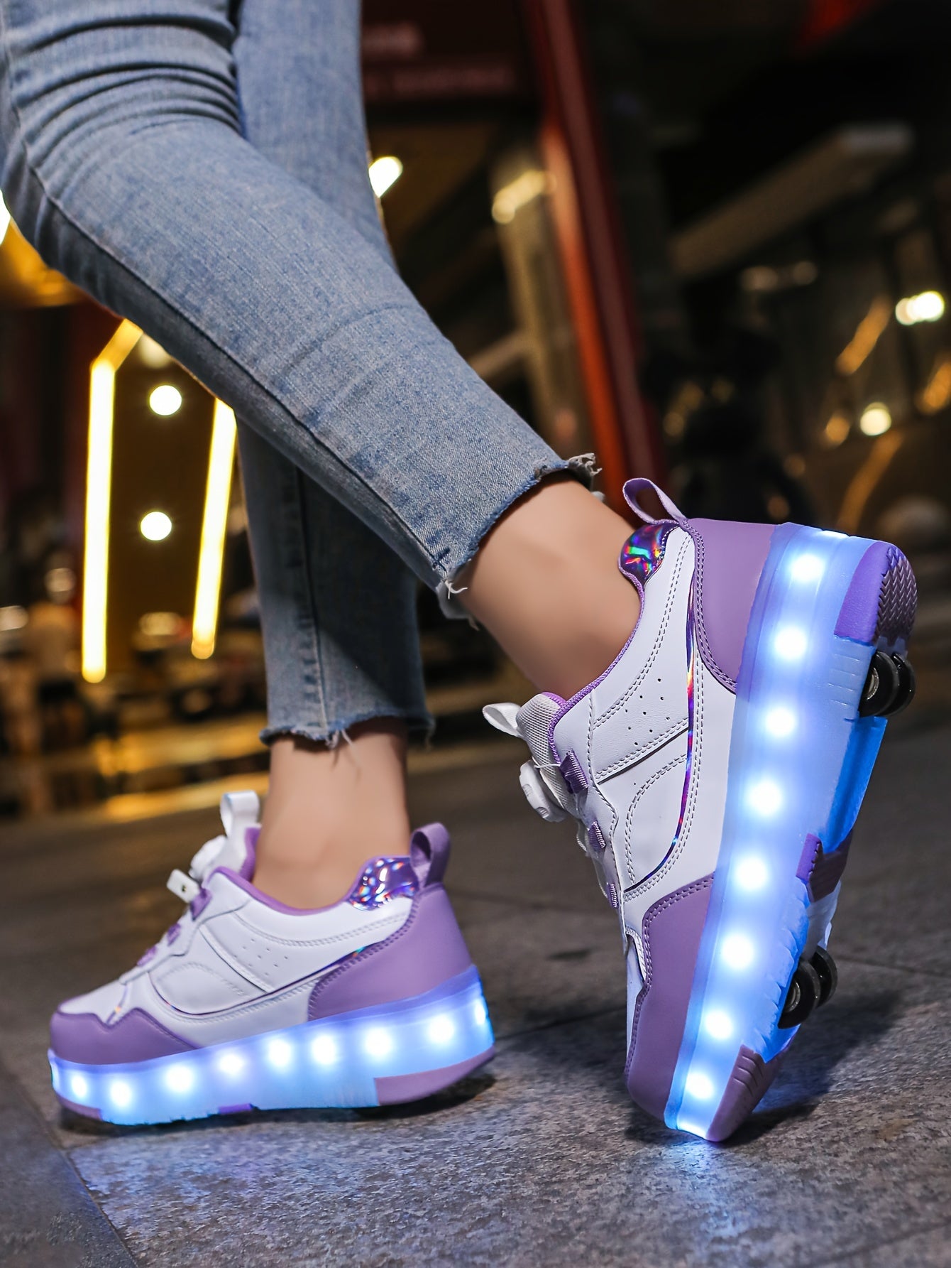 Girls' LED Roller Shoes with Retractable Wheels, Fashion Trendy Sports Skating Sneakers, All-Season Solid Color with Adjustable Brightness, Rotary Buckle Closure, PU Upper & Fabric Insole, TPR Sole - Lithium Polymer Battery,