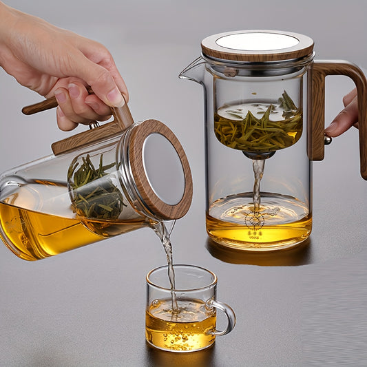 1pc Clear Glass Teapot with Wooden Handle, Magnetic Infuser Strainer, Dual Infusers, Press Control, Water Separation, No Pattern, for Loose Leaf Tea Brewing