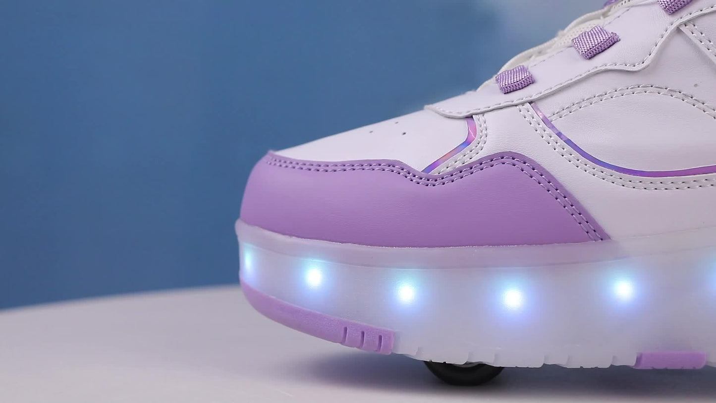 Girls' LED Roller Shoes with Retractable Wheels, Fashion Trendy Sports Skating Sneakers, All-Season Solid Color with Adjustable Brightness, Rotary Buckle Closure, PU Upper & Fabric Insole, TPR Sole - Lithium Polymer Battery,