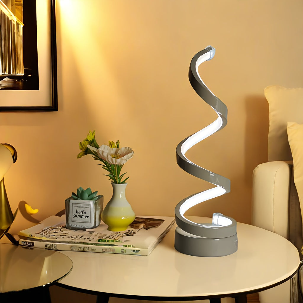 Spiral LED Table Lamp, Dimmable Gooseneck Metal Desk Light with Push Button Control, USB Powered, Adjustable Lighting, Polished Finish, for Office, Bedroom, Living Room - Gift Idea