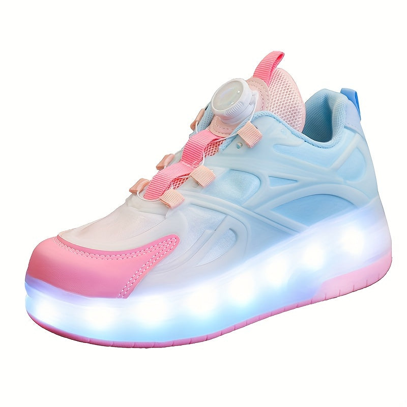 GUANGLAN Girls Fashion Vintage Preppy Sports Low Top Round Toe Roller Shoes, Flash LED Light Up, Rotating Buckle, Comfy Detachable Wheel, TPR Sole, Lithium Polymer Battery, Fabric Upper & Inner Material, for Boys, Girls, Casu