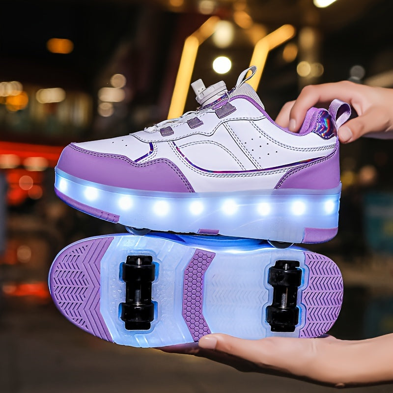 Girls' LED Roller Shoes with Retractable Wheels, Fashion Trendy Sports Skating Sneakers, All-Season Solid Color with Adjustable Brightness, Rotary Buckle Closure, PU Upper & Fabric Insole, TPR Sole - Lithium Polymer Battery,