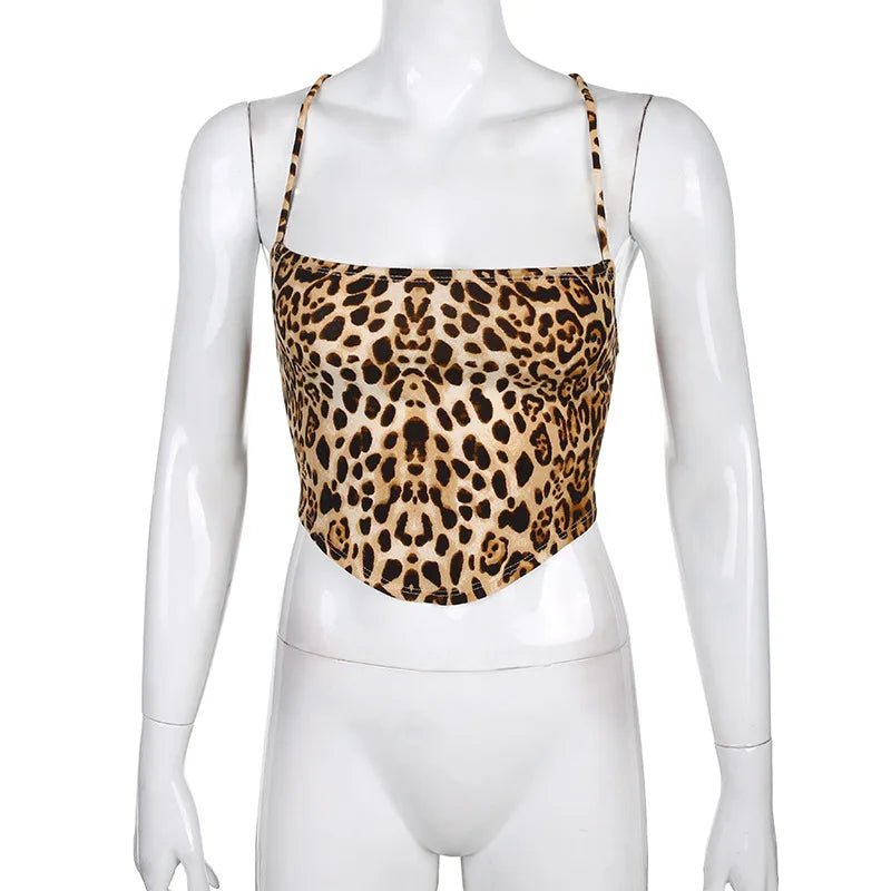 Leopard Pattern Women Tank Tops Backless Sexy Rave Outfits Sleeveless Cross Lace Up Bralette Crop Top Summer Streetwear