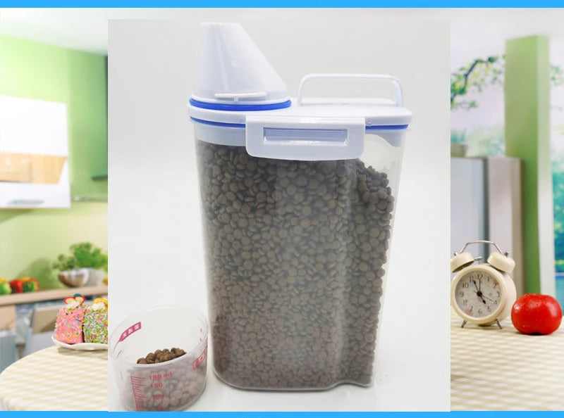 1.5kg/2kg Dog Cat Food Pail Plastic Storage Tank with Measuring Cup Container Moisture-proof Sealed Jar Pet Supplies Accessories