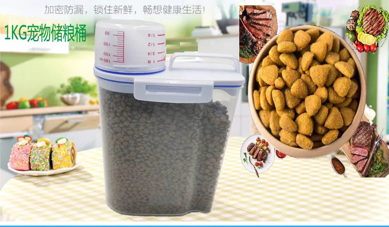 1.5kg/2kg Dog Cat Food Pail Plastic Storage Tank with Measuring Cup Container Moisture-proof Sealed Jar Pet Supplies Accessories