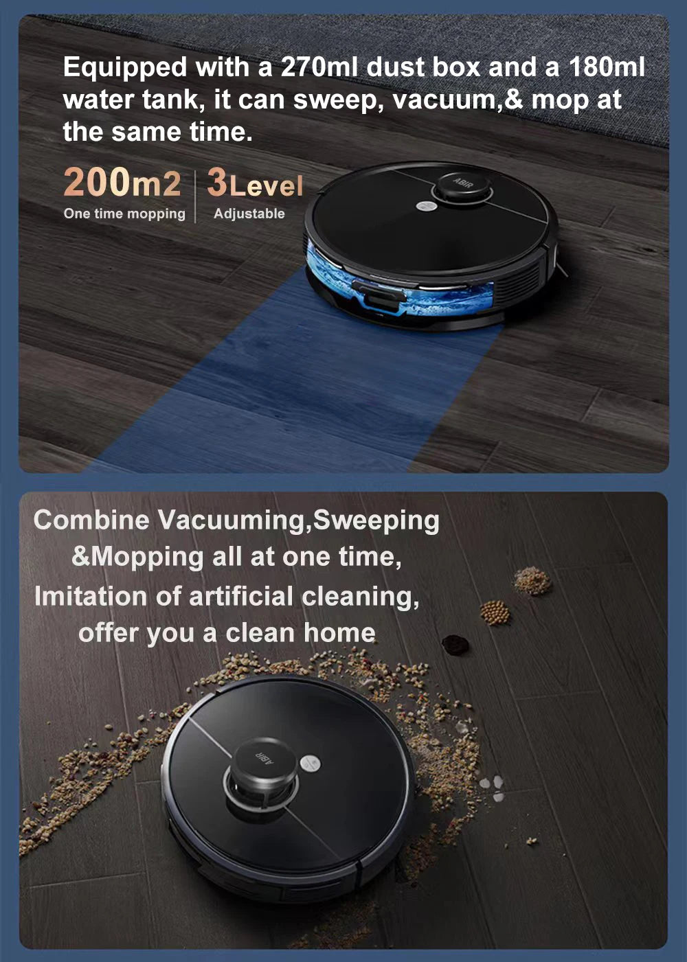 Robot Vacuum Cleaner ABIR R30 with Auto-empty Dock, 6500PA Suction, Multi-Floor Maping, Customized Wet Dry Room Cleaning