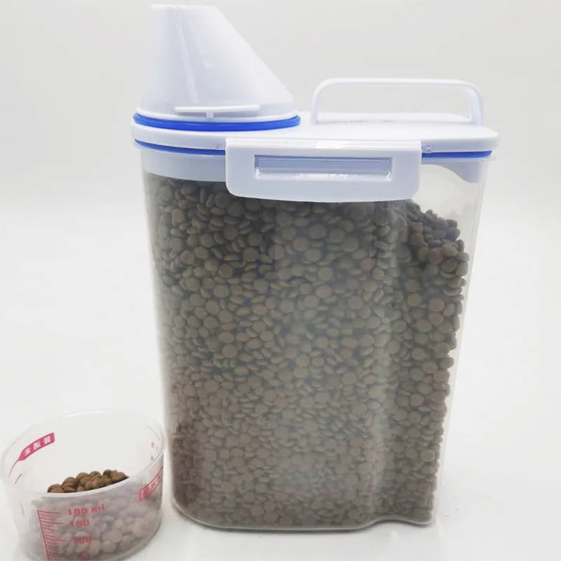 1.5kg/2kg Dog Cat Food Pail Plastic Storage Tank with Measuring Cup Container Moisture-proof Sealed Jar Pet Supplies Accessories