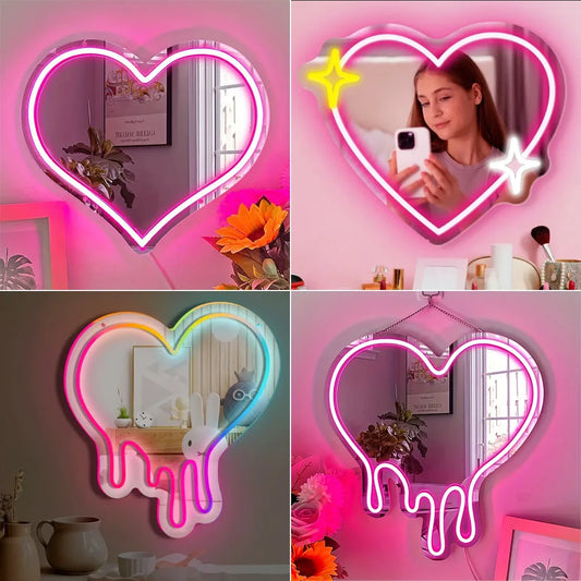 Mirror Love Shaped Neon Sign Bedroom Wall Decor Pink Room Decoration Makeup Vanity Wedding Party Romantic Birthday Gift USB Lamp