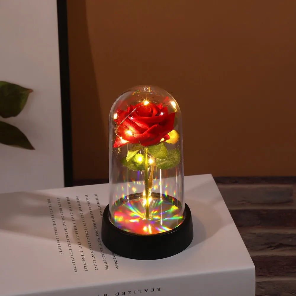 Artificial Flowers LED Red Rose Creative Valentine's Day Gift Rose in Glass Cover with Stand Light Up Rose Wedding Galaxy Rose